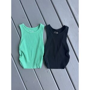 Aerie Ribbed Tank Tops Set‎ XS Green Black Sleeveless Cropped Stretchy